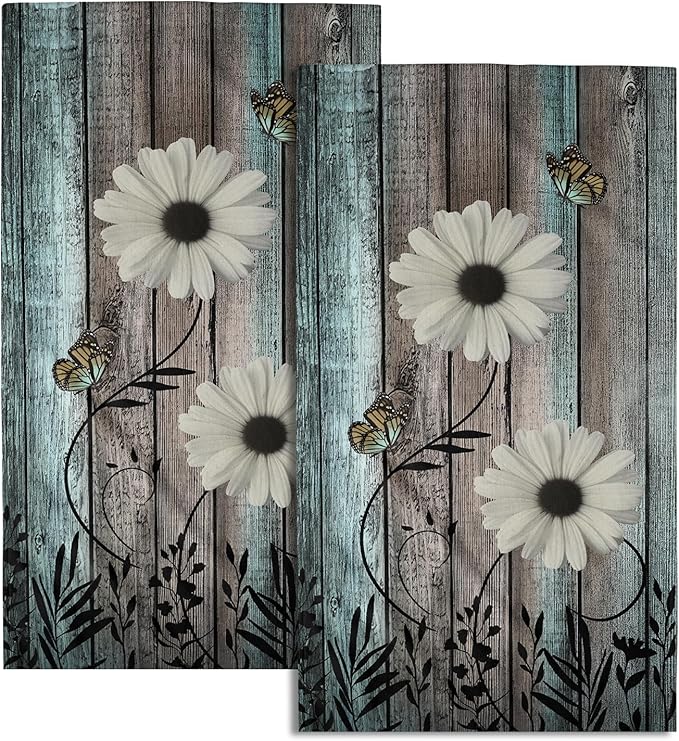 Rustic Barn White Daisy Hand Towels Flower Butterfly Teal Turquoise Brown Wooden Farmhouse Absorbent Kitchen Towels Spring Vintage Floral Soft Quick Dry Microfiber Dish Towels For Kitchen Bathroom