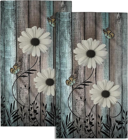 Rustic Barn White Daisy Hand Towels Flower Butterfly Teal Turquoise Brown Wooden Farmhouse Absorbent Kitchen Towels Spring Vintage Floral Soft Quick Dry Microfiber Dish Towels For Kitchen Bathroom