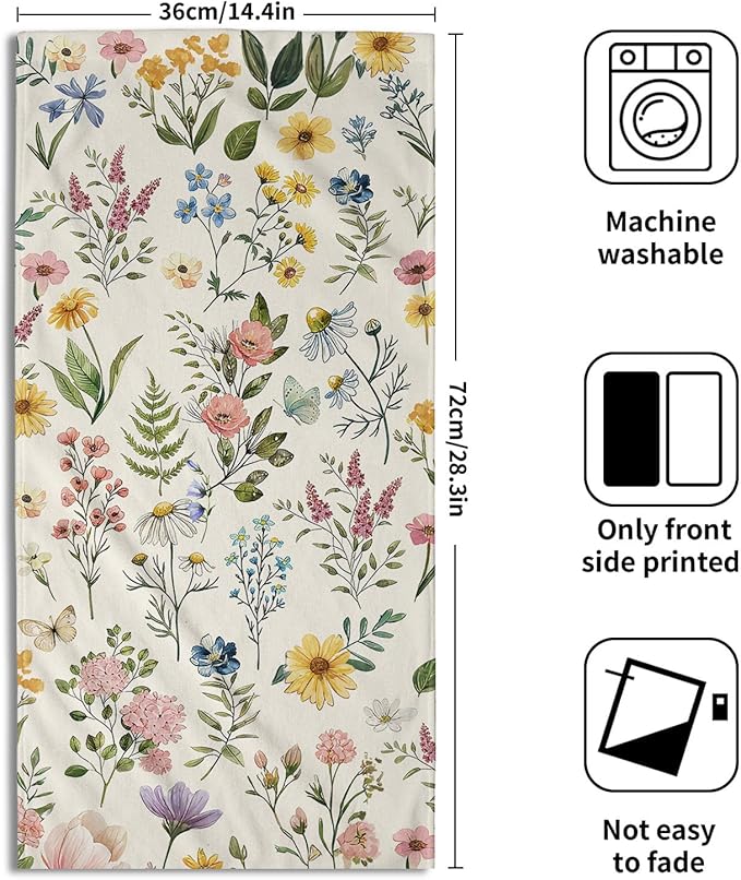 Watercolor Wildflowers Spring Kitchen Towels 14"x28" Set of 2 Rustic Floral Hand Bath Towel Vintage Flowers Seasonal Soft Absorbent Fingertip Towel for Bathroom Shower Hotel Gym