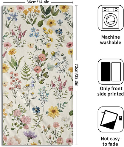 Watercolor Wildflowers Spring Kitchen Towels 14"x28" Set of 2 Rustic Floral Hand Bath Towel Vintage Flowers Seasonal Soft Absorbent Fingertip Towel for Bathroom Shower Hotel Gym