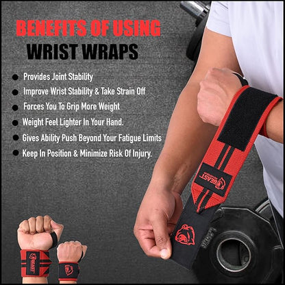 Beast Power Gear Wrist Wraps for Weightlifting 18” Premium Quality Wrist Support for Bodybuilding Heavy Duty Thumb Loop Powerlifting, Strength Training for Men and Women