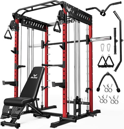 M21 Smith Machine, Multi-Function Power Cage with Dual Pulley Cable Crossover System, 2000LBS All-in-One Squat Rack with Smith Bar and Attachments for Home Gym Strength Training