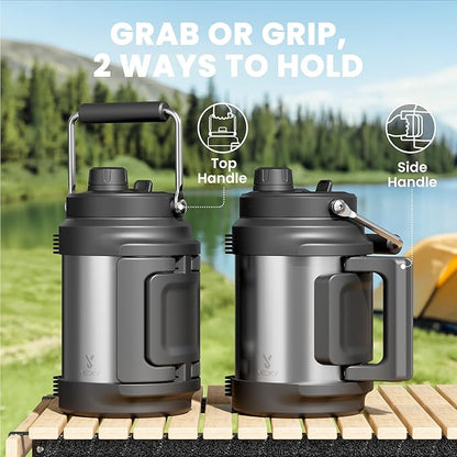 64 oz Insulated Water Bottle for Men: Meoky Triple Wall Vacuum Stainless Steel Half Gallon Water Jug - Top and Side Handles, 2-in-1 Straw and Spout Lid, Cold for 36 Hrs, Leak Proof for Sports (Silver)