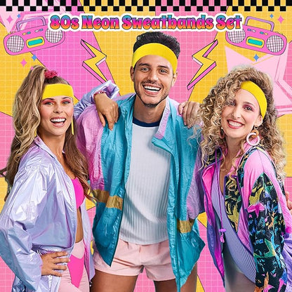 3 Pack Neon Sweatbands Set 80s Wristband and Headband Color War Accessories Sports Sweatbands for Summer Ball Party