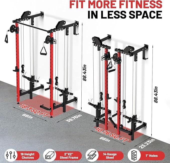 GarveeLife Folding Squat Rack, Wall Mounted Power Rack with Pulley System & Pull Up Bar, Compact Fitness Equipment with 5 Adjustable Function Modes for Small Spaces, Garage, Apartment, Red