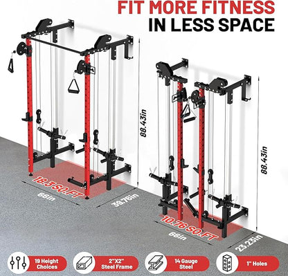 GarveeLife Folding Squat Rack, Wall Mounted Power Rack with Pulley System & Pull Up Bar, Compact Fitness Equipment with 5 Adjustable Function Modes for Small Spaces, Garage, Apartment, Red