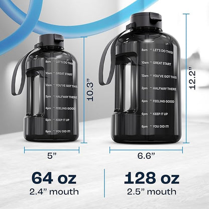 AQUAFIT Half Gallon Water Bottle with Time Marker - Straw & Chug Lid - BPA Free Gym Water Bottle with Straw - Big Gallon Jug (Blue, 64 oz - 2 Lids)