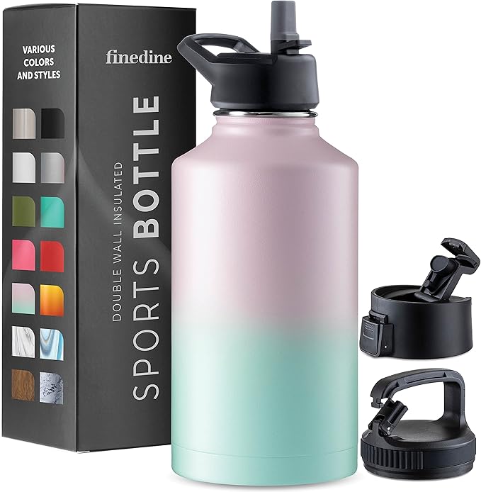 FineDine Water Bottle - Stainless Steel Insulated Water Bottle with Straw Lid, Flip Lid & Wide-Mouth Cap - Keeps Hot and Cold - 64 Oz / 1.89L - Majestic Sapphire