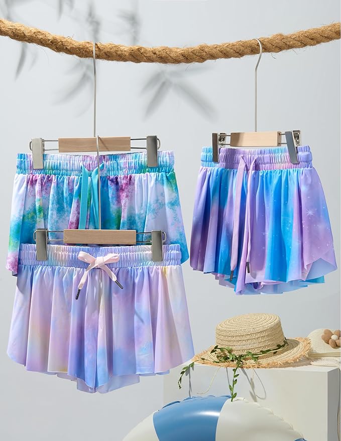 3 Pack Girls Flowy Shorts with Spandex Liner 2-in-1 Youth Butterfly Skirts for Fitness, Running, Sports