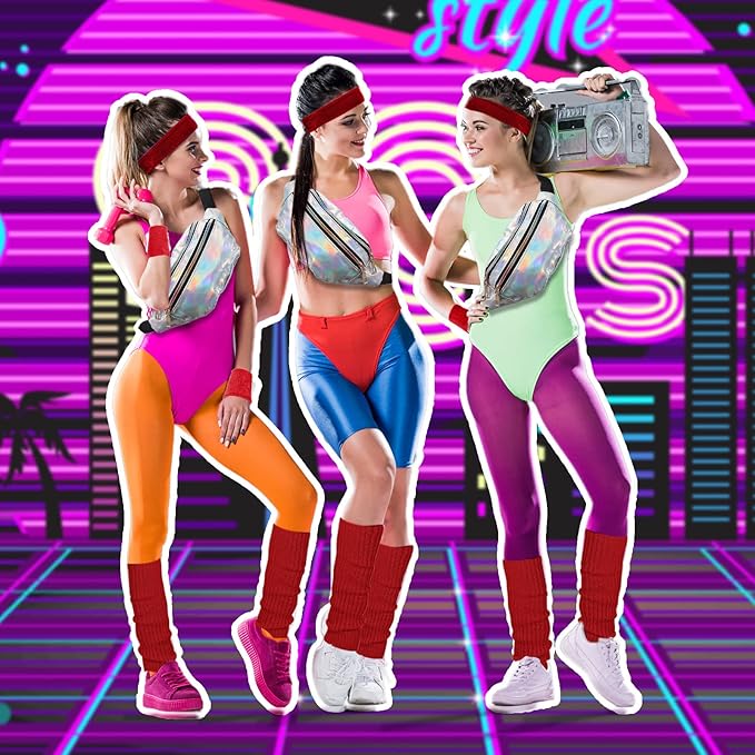 SATINIOR 80s Women Workout Outfit Neon Leg Warmer Headband Wristbands Fanny Pack Set 80s Accessories for Yoga Running
