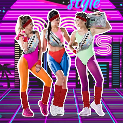 SATINIOR 80s Women Workout Outfit Neon Leg Warmer Headband Wristbands Fanny Pack Set 80s Accessories for Yoga Running