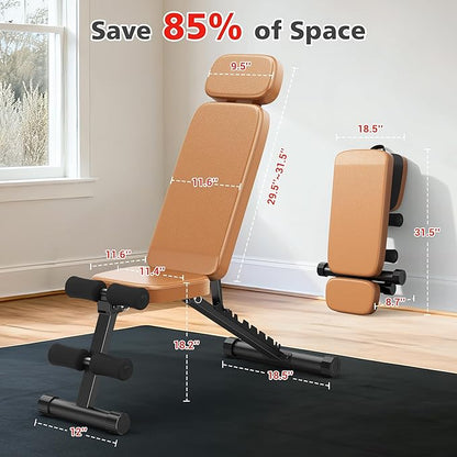 XDDIAS Workout Bench, 10 Backrests Adjustable Weight Bench with Extended Headrest, 800LBS Foldable Weight Bench for Home Gym, Incline Decline Flat Bench Compact for Small Space Training