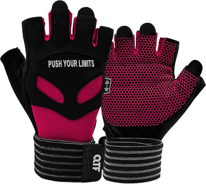QTF Weight Lifting Gym Workout Gloves with Long Wrist Strap, Fingerless Gym Gloves for Men & Women, Full Palm Protection, for Weightlifting, Training, Fitness, Hanging