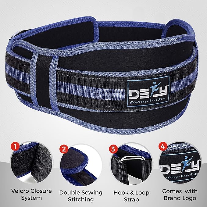 DEFY Weight Lifting Belt Lumbar Support with Neoprene Double Back Belt 5 Inches Wide Gym Training Fitness Exercise Bodybuilding Firm and Comfortable with Back Injury Protection