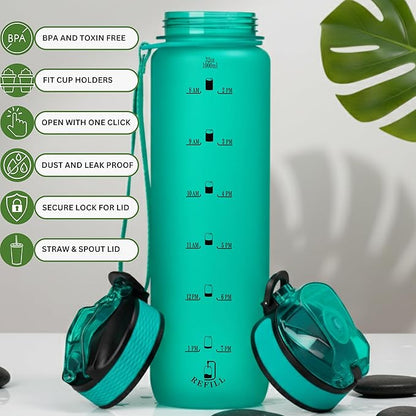 32oz Titan Water Bottle with Time-Marked, 2 Lids (Fast Flow & Straw) - BPA/BPS Free, Leak-Proof, Airtight, Reusable Water Bottle - Perfect for Sports, Hiking (Green)