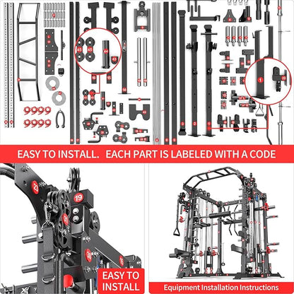Multi-Purpose Squat Rack,Smith Machine Weight Rack Set with Cable Crossover System, Home Gym Power Racks, Power Racks and Packages