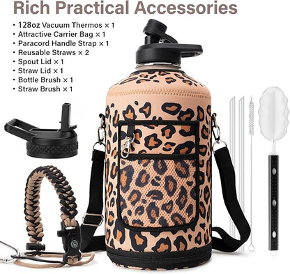 1 Gallon Water Bottle Insulated | Thickened Stainless Steel Vacuum Metal Water Jug | Portable Sports Large for Gym and Hiking with Straw, Carrier Bag, Handle Strap | BPA-Free 128 oz
