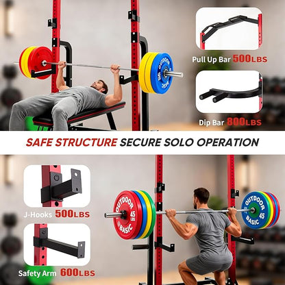 Outdoor Basic Power Cage Squat Rack with Pull-Up Bar & Dip Station, 2400LB Capacity, Multi-Functional Home Gym Rack for Weightlifting, Strength Training, Bench Press