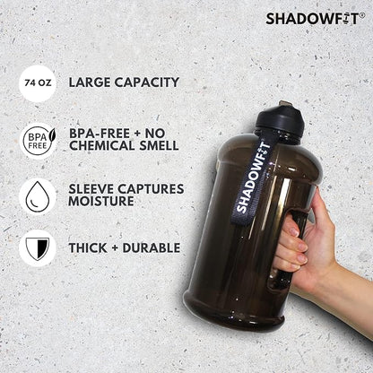 Half Gallon Water Bottles (74 ounce, 2.2 Liter) with Straw Lid Handle and Storage Sleeve - Large Jug Holder with Strap for Drinking during Workout and Exercise