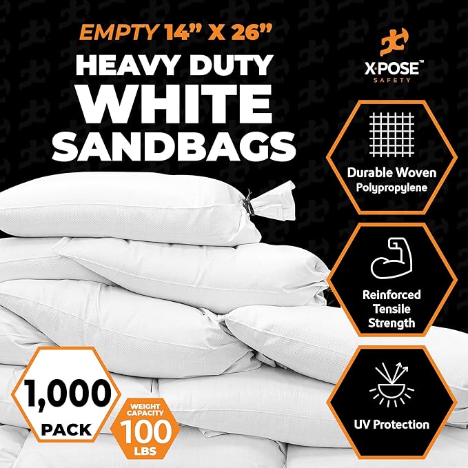 Xpose Safety Heavy Duty Sand Bags with Tie Strings – Empty Woven Polypropylene Sandbags for Hurricane Flood Protection, 100 lb Capacity, 14" x 26", White, Pack of 1000
