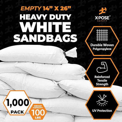 Xpose Safety Heavy Duty Sand Bags with Tie Strings – Empty Woven Polypropylene Sandbags for Hurricane Flood Protection, 100 lb Capacity, 14" x 26", White, Pack of 1000