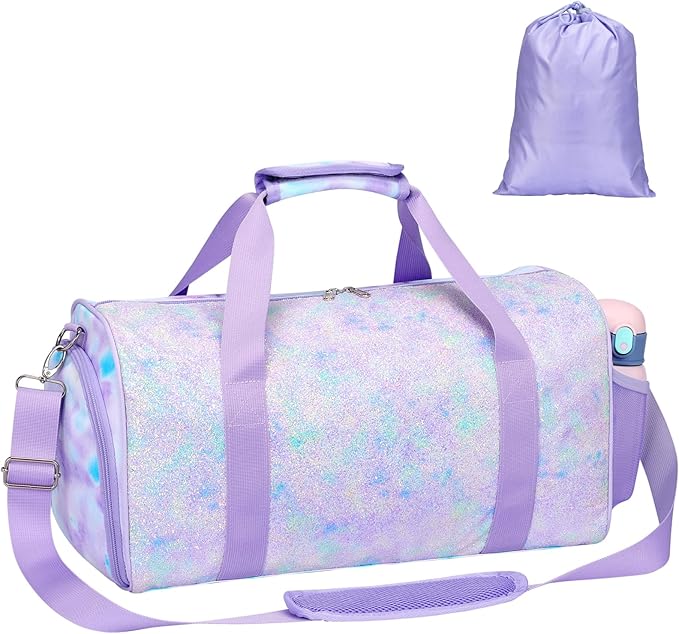 Bagseri Duffel Bags for Kids - Girls Dance Ballet Bag Waterproof Sports Gymnastics Bag for Girls Kids Sleepover Duffel Bag with Shoe Compartment and Dry Wet Separation Pockets (Tie-dye, Purple)