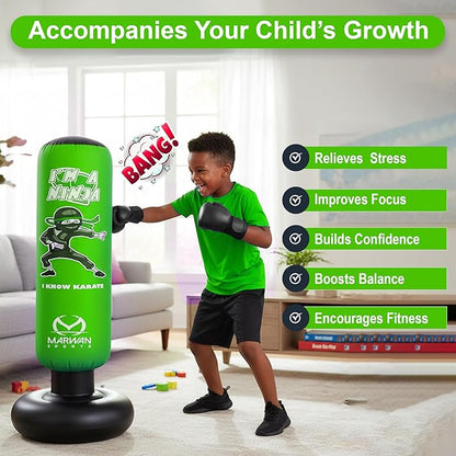 Marwan Sports Punching Bag for Kids with Boxing Gloves Ages 4-12 – 63" Inflatable Boxing Bag for Kids, Fast Rebound Set, Christmas & Birthday Gift for Boys & Girls