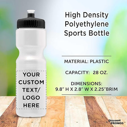 DISCOUNT PROMOS 28 oz. Custom Push Cap Plastic Water Bottles Set of 10/50/100, Personalized Bulk Pack - Perfect for Gym, Hiking, Camping, Outdoor Sports - White