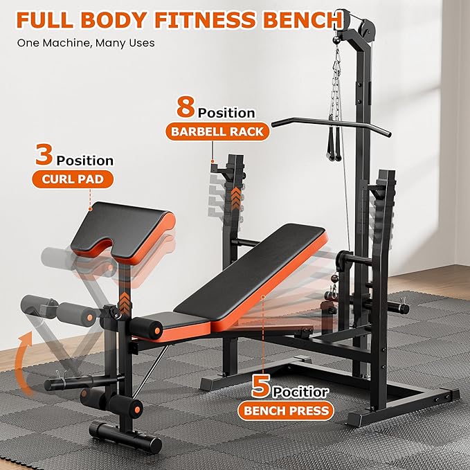 Fostoy 9-in-1 Adjustable Olympic Weight Bench with Lat Pulldown, Row, Squat Rack & Leg Curl – Multi-Function Strength Training Bench Press for Home Gym Full Body Workout