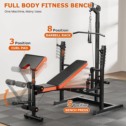 Fostoy 9-in-1 Adjustable Olympic Weight Bench with Lat Pulldown, Row, Squat Rack & Leg Curl – Multi-Function Strength Training Bench Press for Home Gym Full Body Workout