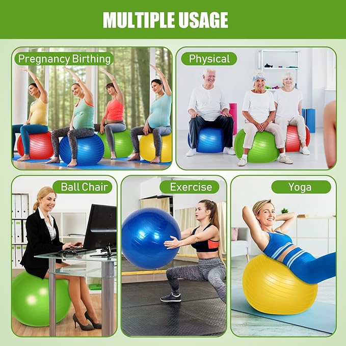 Leyndo 4 Pcs Yoga Exercise Ball Pilates Pregnancy Birthing Fitness Ball with Quick Pump Anti Burst for Improved Posture, Balance, Yoga, Pilates, Training, 4 Colors