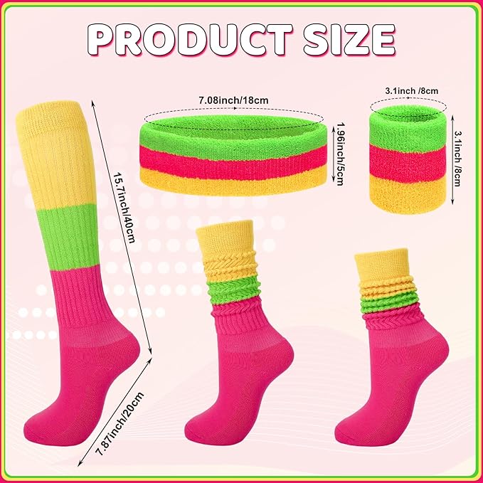 80s Neon Sweatbands Set Sports Wristband and Headband Neon Slouch Socks 80s Outfits for Women 90s Accessories