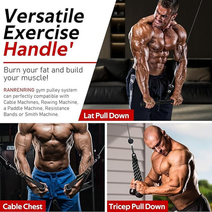 RENRANRING Pulley System, Weight Cable Pulley System for Home Gym,Cable Machine Attachment with 2 in 1 LAT Pull Down Bar,Tricep Rope,Long Strap,Exercise Handles for Biceps Curl, Forearm