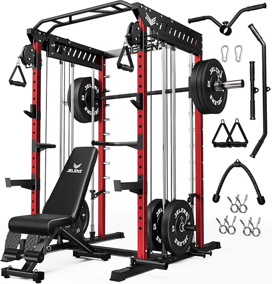 M21 Smith Machine, Multi-Function Power Cage with Dual Pulley Cable Crossover System, 2000LBS All-in-One Squat Rack with Smith Bar and Attachments for Home Gym Strength Training