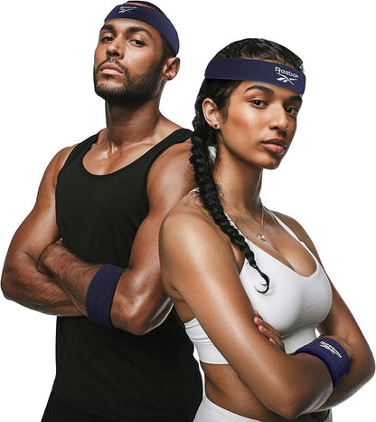 3pc Unisex Athletic Sweatband Set - 2.25in Workout Headband & 3.25in Wristbands w/Stay Dry Technology, Terry Cloth Band Moisture-Wicking Fabric | Quality Fitness Accessories for Active Comfort-Reebok