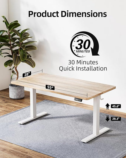 TIQLAB 55 * 28 Inches Standing Desk, Adjustable Height Stand up Desk,Sit Stand Home Office Table with Splice Board, Maple