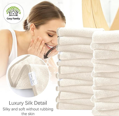 Cosy Family 24 Pack Soft Washcloths Set - 12 x 12 inches, Quick Drying - Highly Absorbent Coral Velvet Fingertip Towel Bathroom Wash Clothes for Bath, Spa, Facial, Kitchen - Cream