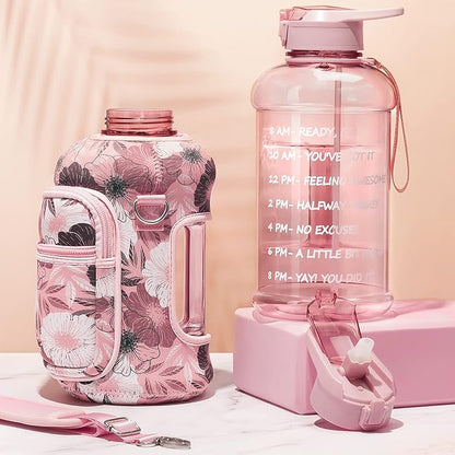 Fimibuke Half Gallon Water Bottle with Sleeve 64 OZ Water Bottle with Handle & Straw Leakproof Motivational Sports Gym Water Bottle with Time Marker BPA Free Water Jug with Reusable Neoprene Holder