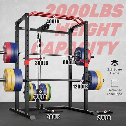 S11 Power Cage, 2000LB Multi-Function Power Rack with LAT Pulldown, Squat Rack with Adjustable Pulley System and Training Attachments, Weight Rack for Home Gym