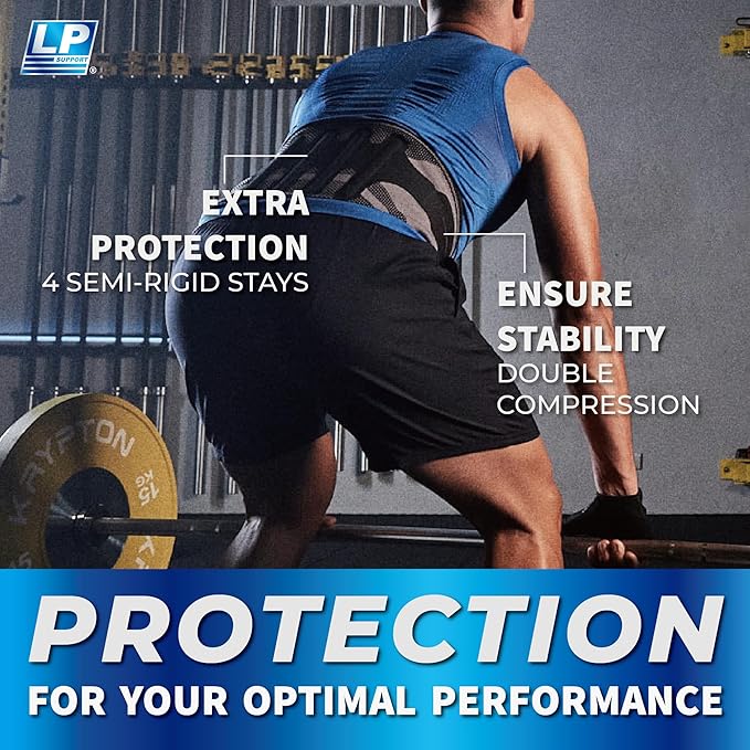 LP SUPPORT Lumbar Back Brace for Lower Back Support - 4 Semi-Rigid Stays with Bilateral Straps, Breathable Knit - For Weightlifting, Heavy Lifting - Men & Women (Medium)