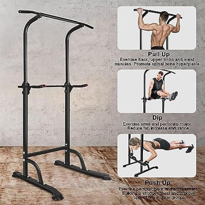 Power Tower Workout Dip Station Pull Up Bar - Multi-Function Strength Training Fitness Equipment with Adjustable Height,Cushioned Arm Rests for Home Gym Full Body Exercises