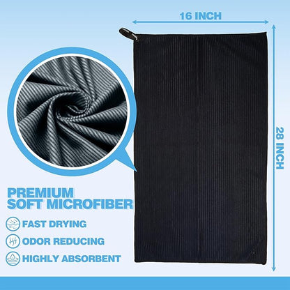 Microfiber Gym Towels with Snap Straps, Yoga Towel for Home and Gym, 16 Inch x 28 Inch, 6 Pack (Black/Blue, 16" x 28")