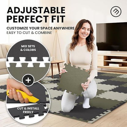 bemaxx Gym Mats Set - 18 pcs EVA Interlocking Foam Floor Tiles (12.6"x12.6"x0.4") 18sqft Protective Gym Flooring Sports Home Workout Exercise Mats Puzzle Garage Fitness Play-Room Pool Treadmill Bike