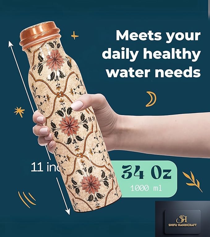 Pure Copper Water Bottle 34 Oz/1 Liter Natural Handmade Leak Proof Vessel For Drinking With Ayurvedic Health Benefits For Sports Fitness Yoga, Gym (IVORY PRINTED)