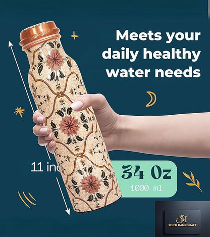 Pure Copper Water Bottle 34 Oz/1 Liter Natural Handmade Leak Proof Vessel For Drinking With Ayurvedic Health Benefits For Sports Fitness Yoga, Gym (IVORY PRINTED)