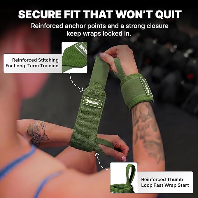 DMoose Fitness Wrist Wraps for Weightlifting 18" - Heavy Duty Gym Wrap with Hand Thumb Loop for Support & Pain Relief, USPA Approved Powerlifting, Weight Lifting Wrist Straps for Men & Women Work Out