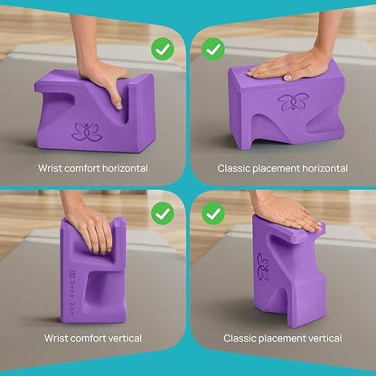 PRO Yoga Blocks | Ergonomic Yoga Block 2 Pack for Wrist Comfort and Support | EVA Foam Exercise Blocks, 2x Knee Pads & Yoga Strap | Pilates Block Set | Bricks to Eliminate Wrist Pain