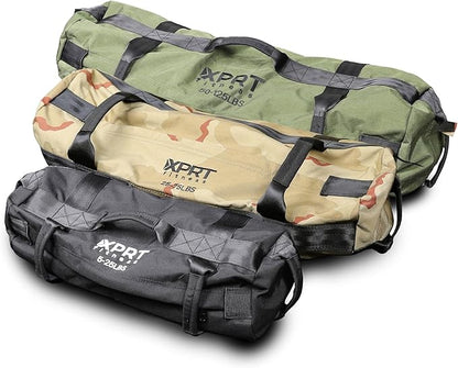 XPRT Fitness Workout Sandbag for Heavy Duty Workout Cross Training 7 Multi-positional Handles - Color Army Green/Black/Camo