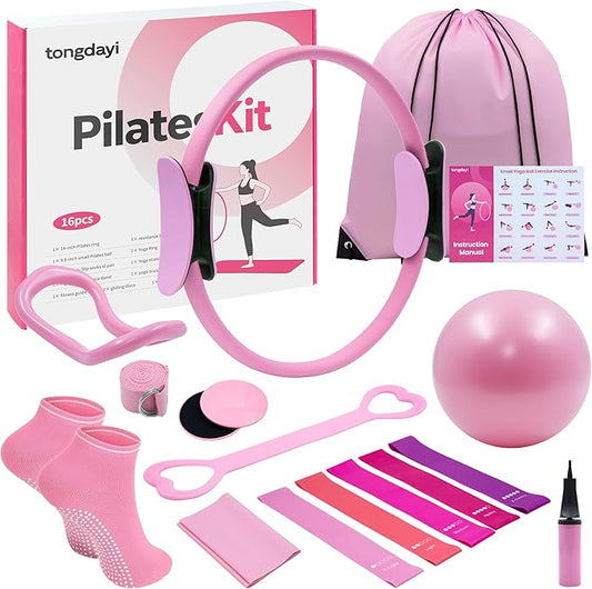 16Pcs Home Pilates Equipment for Women, Pilates Kit with 14'' Pilates Rings, Yoga Ball, Sliding Disks, Pilates Bands & Accessories - Workout Equipment Home Gym Includes Complete Fitness Poster