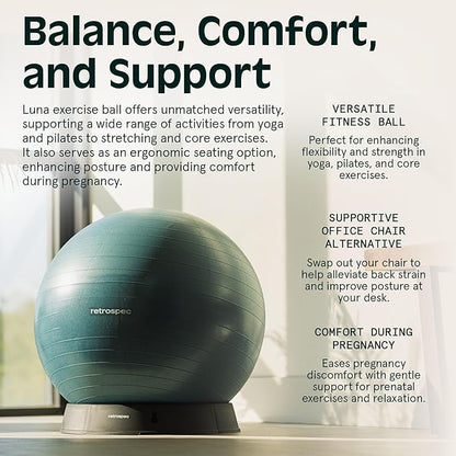 Retrospec Luna Exercise Ball with Pump - Anti-Burst Fitness Equipment for Yoga, Core Training & Stability - Home Gym Swiss Ball for Office & Pregnancy
